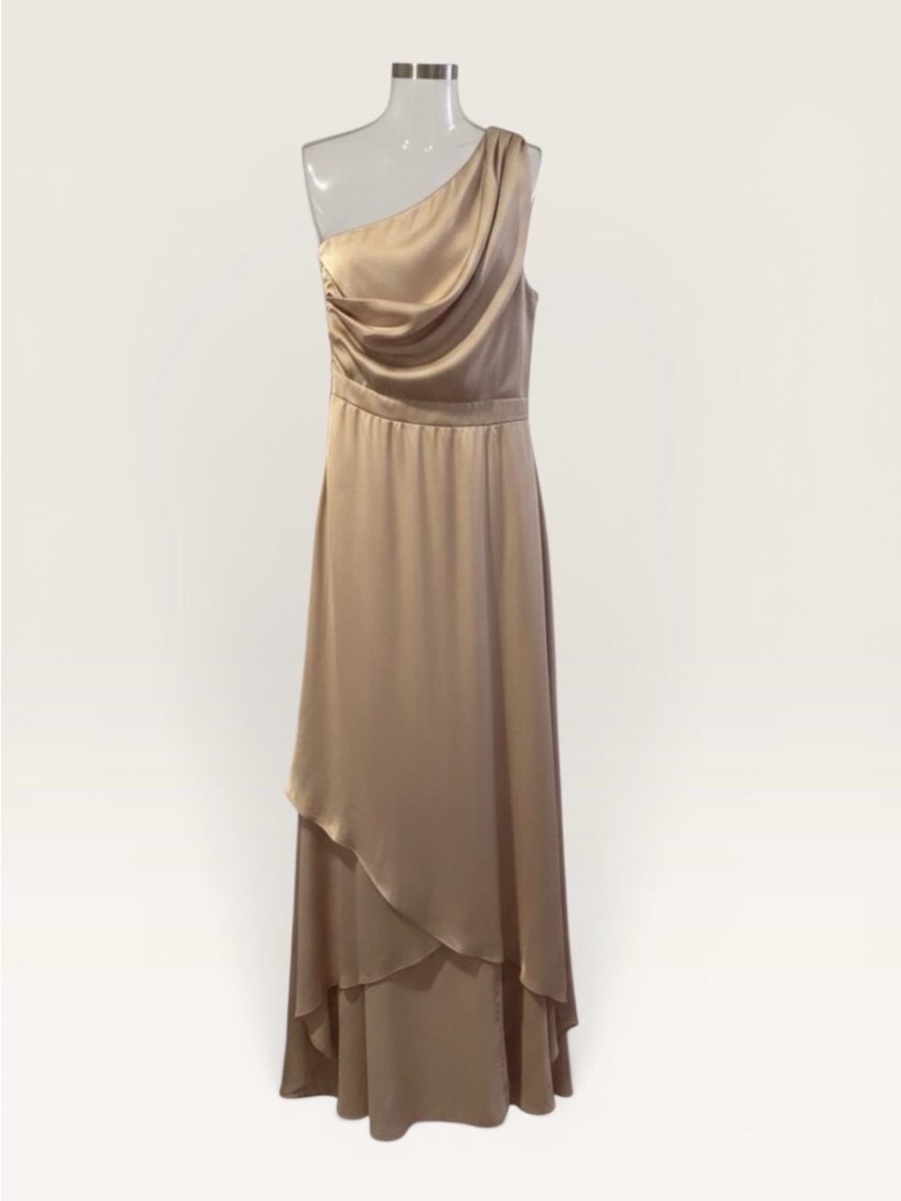 NWT TFNC London Delali One Shoulder Satin Maxi Dress Blush Champagne Size 10